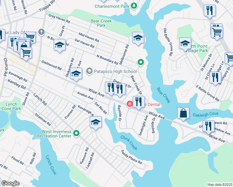 map of restaurants, bars, coffee shops, grocery stores, and more near 1711 Woodland Drive in Dundalk