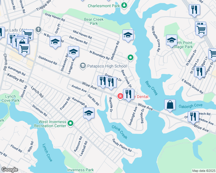 map of restaurants, bars, coffee shops, grocery stores, and more near 1711 Woodland Drive in Dundalk