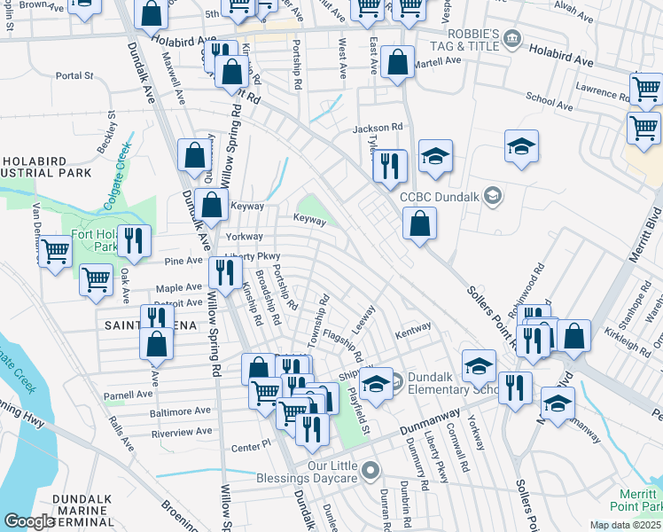 map of restaurants, bars, coffee shops, grocery stores, and more near 2515 Liberty Pkwy in Dundalk