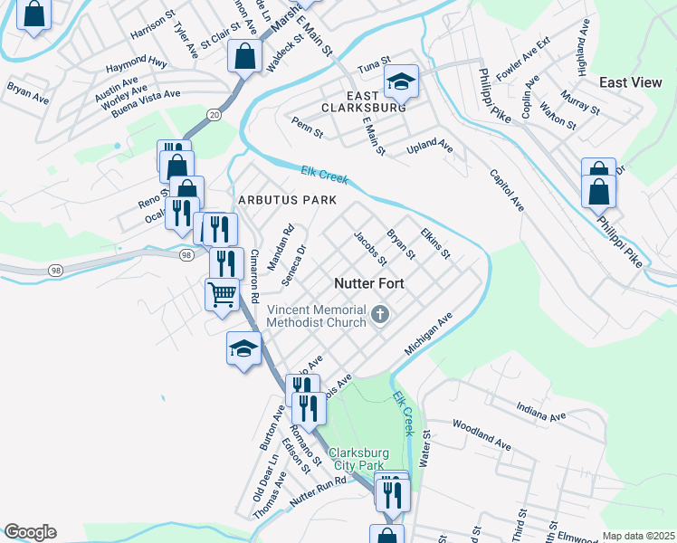 map of restaurants, bars, coffee shops, grocery stores, and more near 400 West Virginia Avenue in Nutter Fort