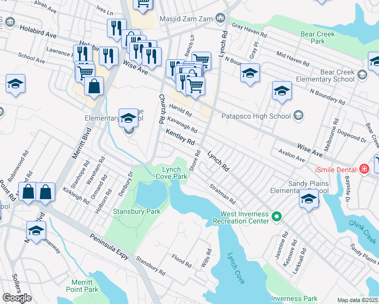 map of restaurants, bars, coffee shops, grocery stores, and more near 7854 Rockbourne Road in Dundalk
