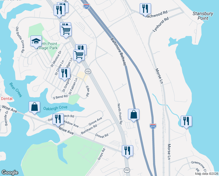 map of restaurants, bars, coffee shops, grocery stores, and more near 4205 North Point Road in Dundalk