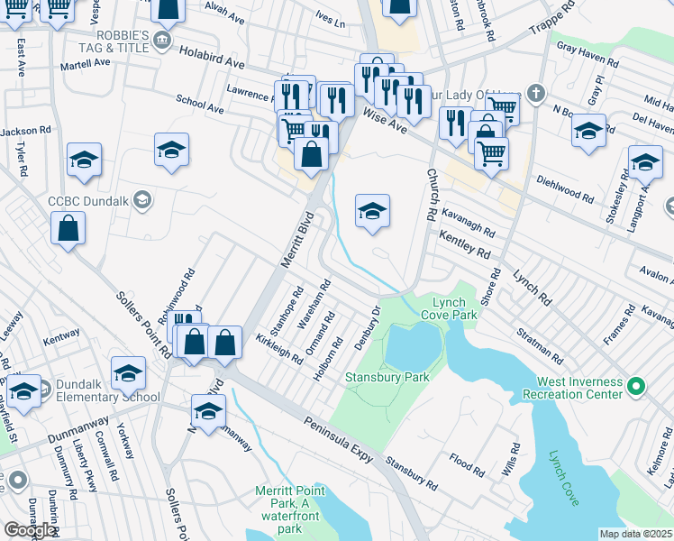 map of restaurants, bars, coffee shops, grocery stores, and more near 2302 Searles Road in Dundalk