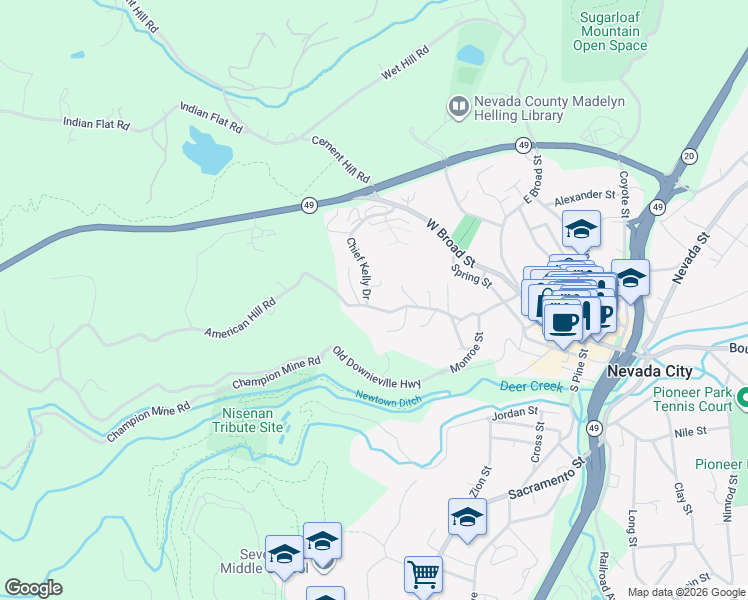 map of restaurants, bars, coffee shops, grocery stores, and more near 320 American Hill Road in Nevada City