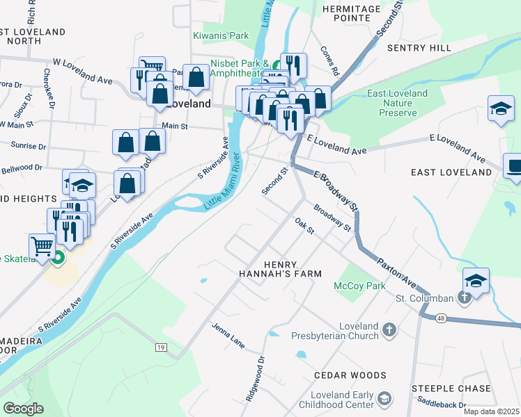 map of restaurants, bars, coffee shops, grocery stores, and more near 106 Laurel Street in Loveland