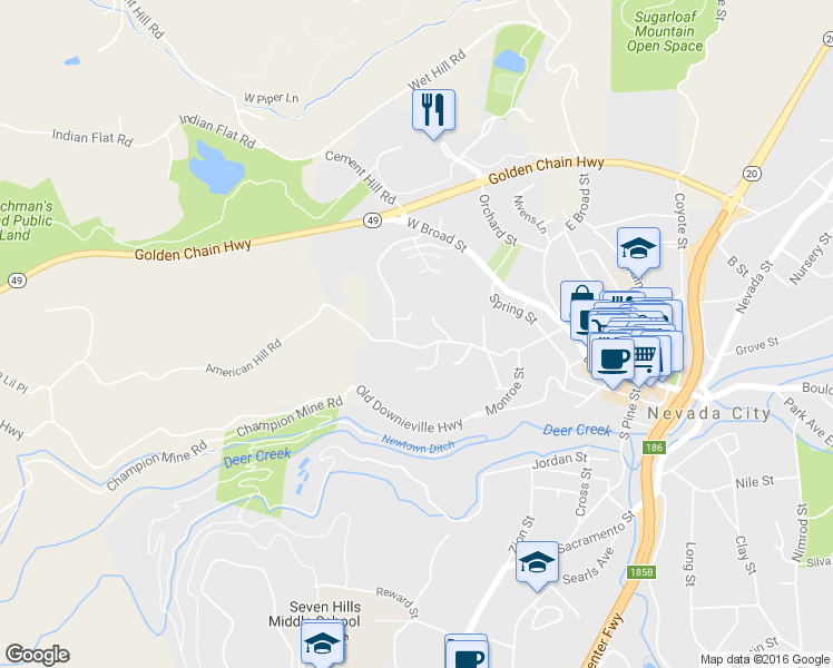 map of restaurants, bars, coffee shops, grocery stores, and more near 320 American Hill Road in Nevada City