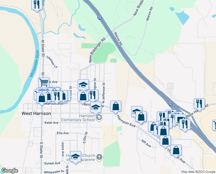 map of restaurants, bars, coffee shops, grocery stores, and more near 703 East Street in Harrison