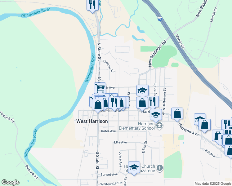 map of restaurants, bars, coffee shops, grocery stores, and more near 217 North Sycamore Street in Harrison