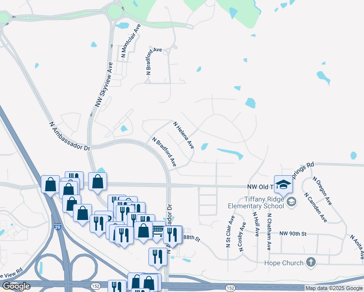 map of restaurants, bars, coffee shops, grocery stores, and more near 6015 Northwest 94th Street in Kansas City