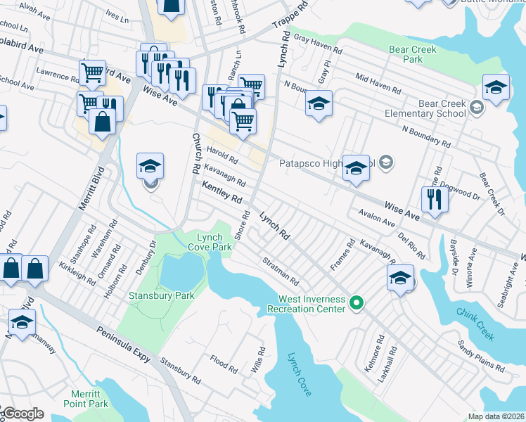 map of restaurants, bars, coffee shops, grocery stores, and more near 7924 Lynch Road in Dundalk