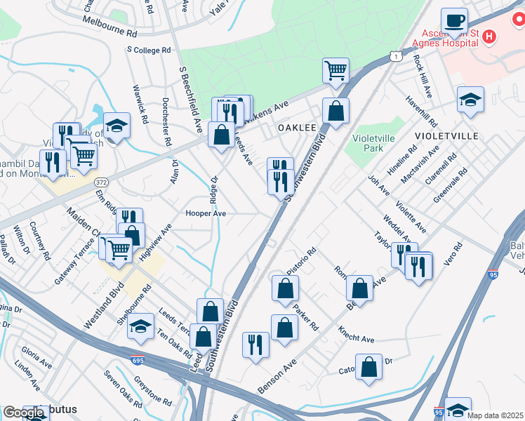 map of restaurants, bars, coffee shops, grocery stores, and more near 1037 South Beechfield Avenue in Baltimore