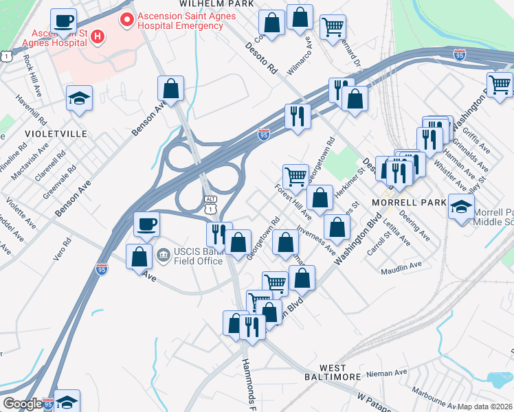 map of restaurants, bars, coffee shops, grocery stores, and more near 1309 Parkman Avenue in Baltimore
