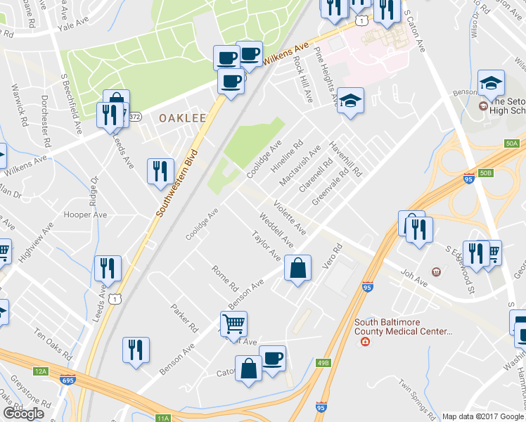 map of restaurants, bars, coffee shops, grocery stores, and more near 1203 Weddell Avenue in Halethorpe