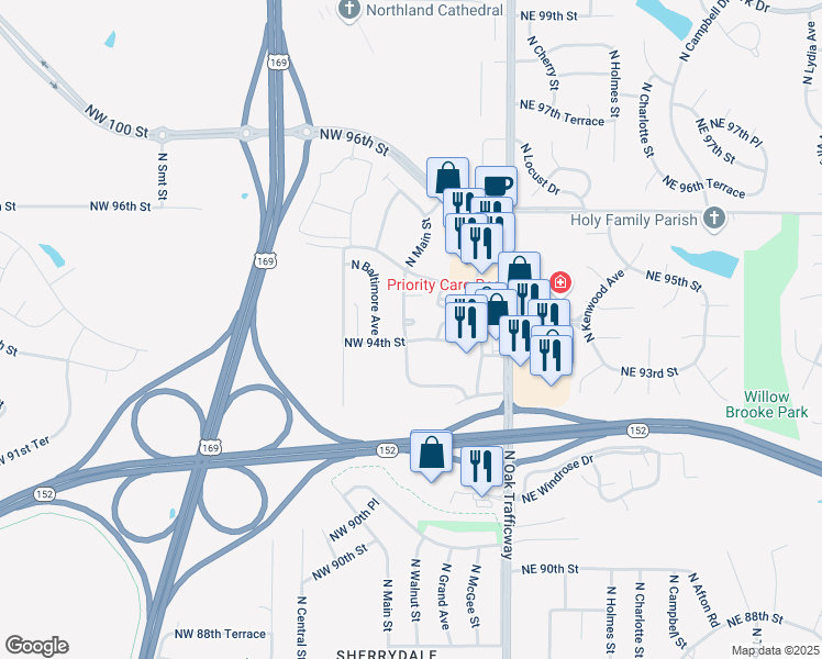 map of restaurants, bars, coffee shops, grocery stores, and more near 9409 North Main Street in Kansas City