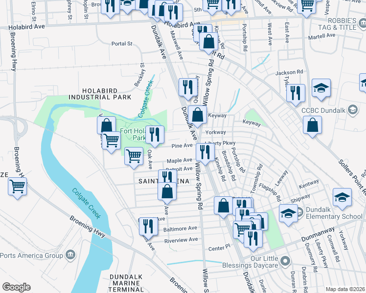 map of restaurants, bars, coffee shops, grocery stores, and more near 6735 Pine Avenue in Dundalk