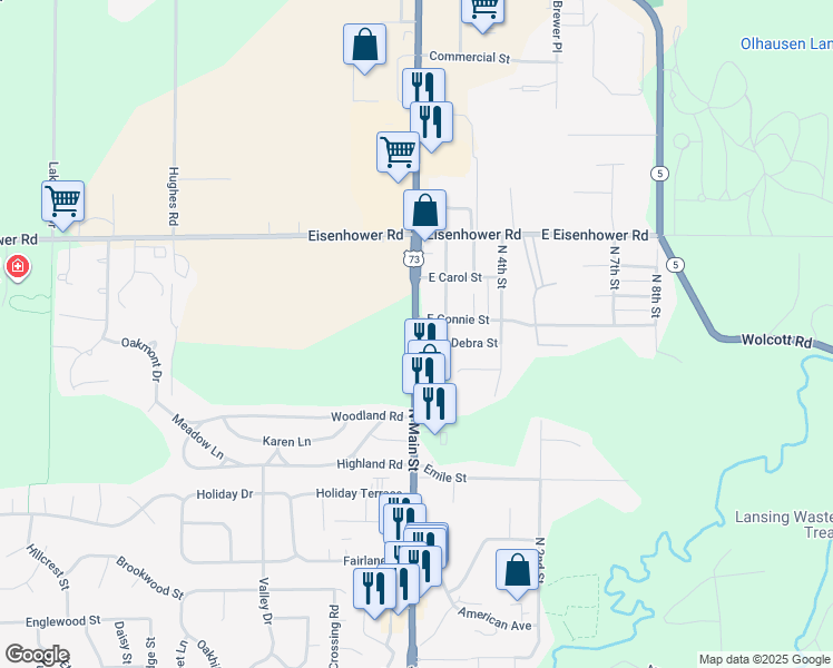 map of restaurants, bars, coffee shops, grocery stores, and more near 983 N Main St in Lansing