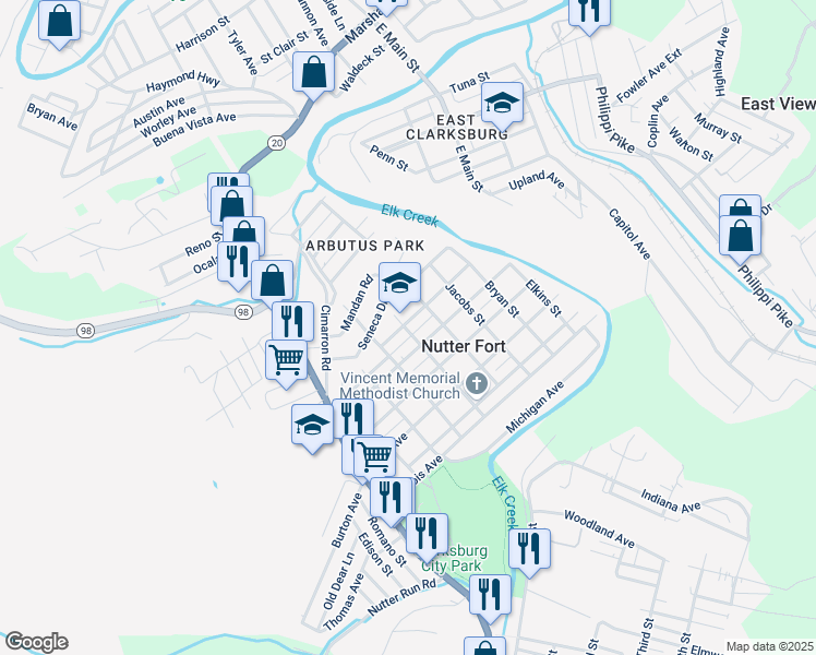 map of restaurants, bars, coffee shops, grocery stores, and more near 400 W Virginia Ave in Nutter Fort