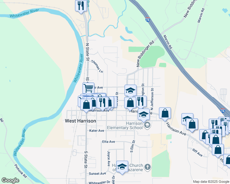 map of restaurants, bars, coffee shops, grocery stores, and more near 215 North Vine Street in Harrison