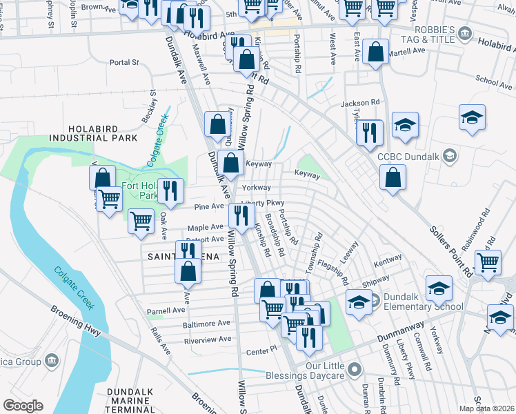 map of restaurants, bars, coffee shops, grocery stores, and more near 11 Liberty Parkway in Dundalk