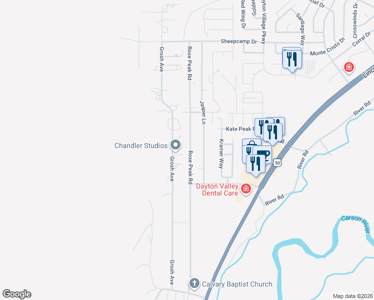 map of restaurants, bars, coffee shops, grocery stores, and more near 140 Rose Peak Road in Dayton