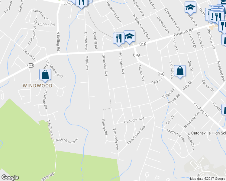 map of restaurants, bars, coffee shops, grocery stores, and more near 206 Oak Forest Pl in Catonsville