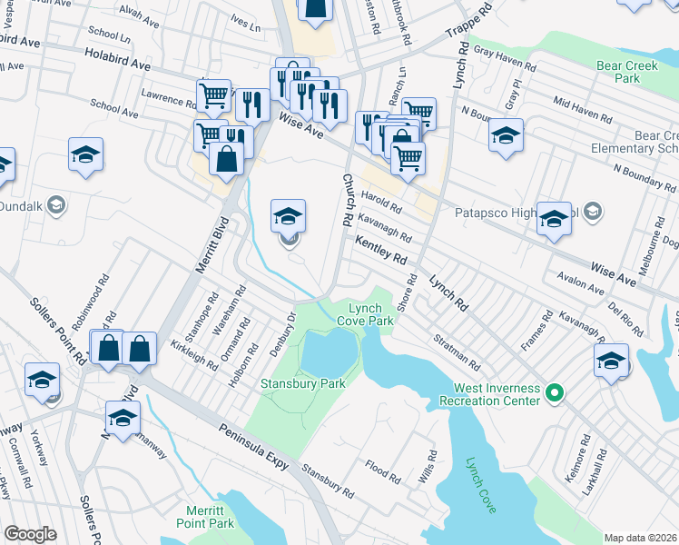 map of restaurants, bars, coffee shops, grocery stores, and more near 1965 Church Road in Dundalk