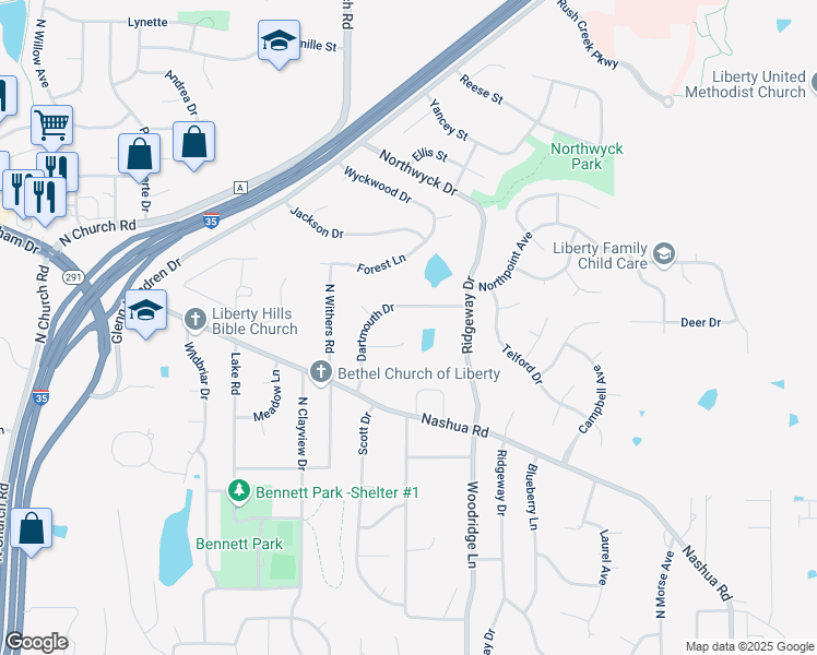 map of restaurants, bars, coffee shops, grocery stores, and more near 904 Cambridge Circle in Liberty