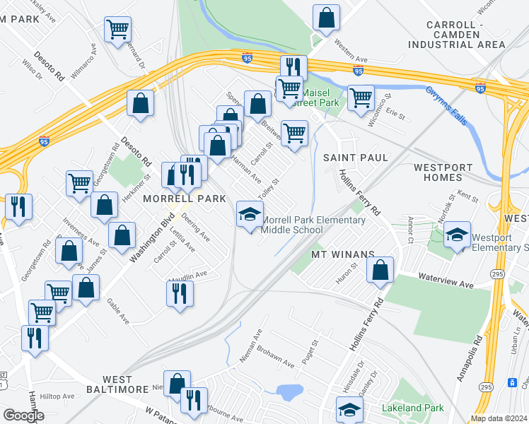 map of restaurants, bars, coffee shops, grocery stores, and more near 2124 Whistler Avenue in Baltimore