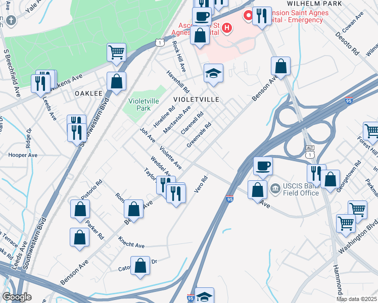 map of restaurants, bars, coffee shops, grocery stores, and more near 3717 Greenvale Road in Baltimore