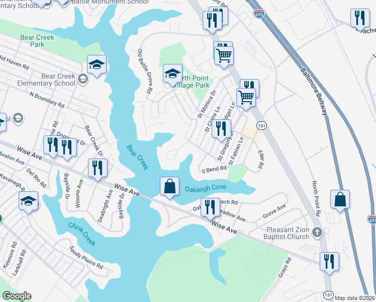 map of restaurants, bars, coffee shops, grocery stores, and more near 7570 New Battle Grove Circle in Dundalk