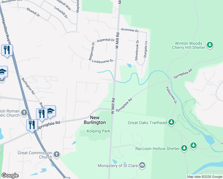 map of restaurants, bars, coffee shops, grocery stores, and more near 10493 Mill Road in Cincinnati