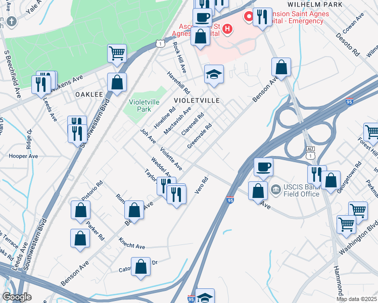 map of restaurants, bars, coffee shops, grocery stores, and more near 3717 Greenvale Road in Baltimore