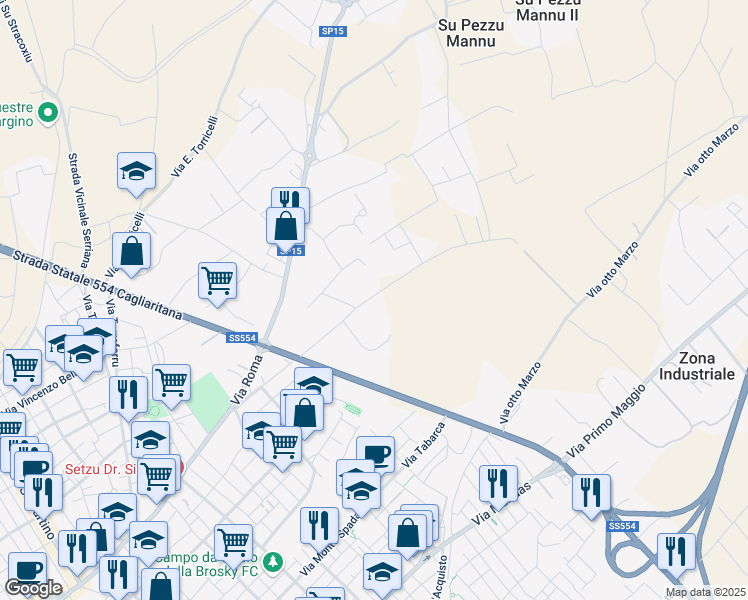 map of restaurants, bars, coffee shops, grocery stores, and more near 22 Via Newton in Selargius