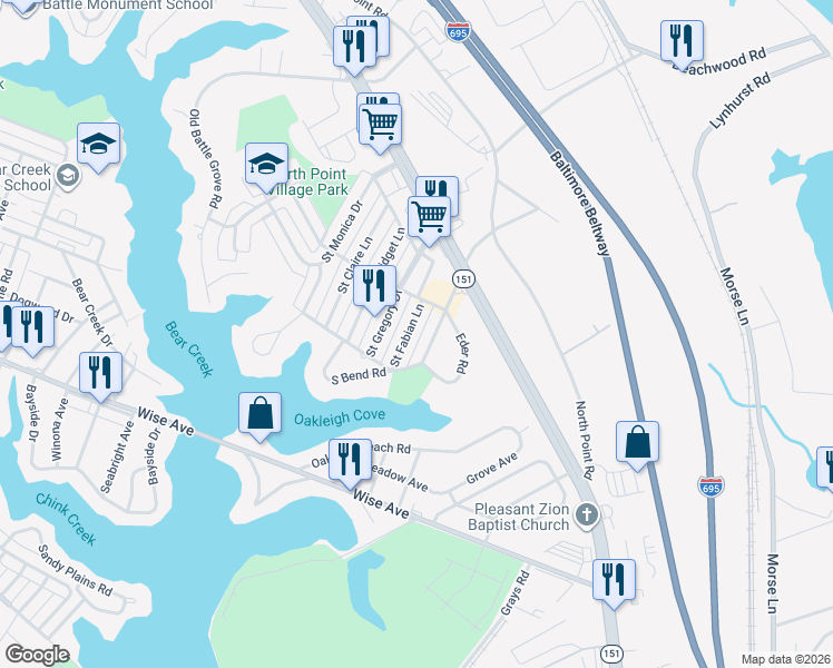 map of restaurants, bars, coffee shops, grocery stores, and more near 7843 Saint Fabian Lane in Dundalk