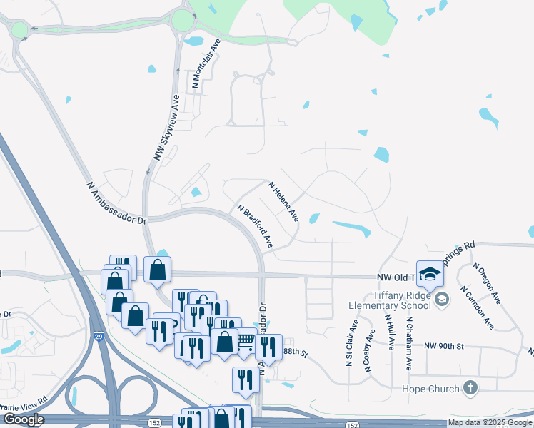 map of restaurants, bars, coffee shops, grocery stores, and more near 6015 Northwest 94th Street in Kansas City