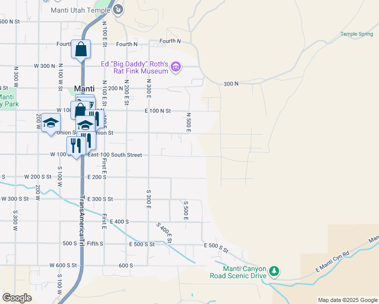 map of restaurants, bars, coffee shops, grocery stores, and more near 70 South 470 East in Manti