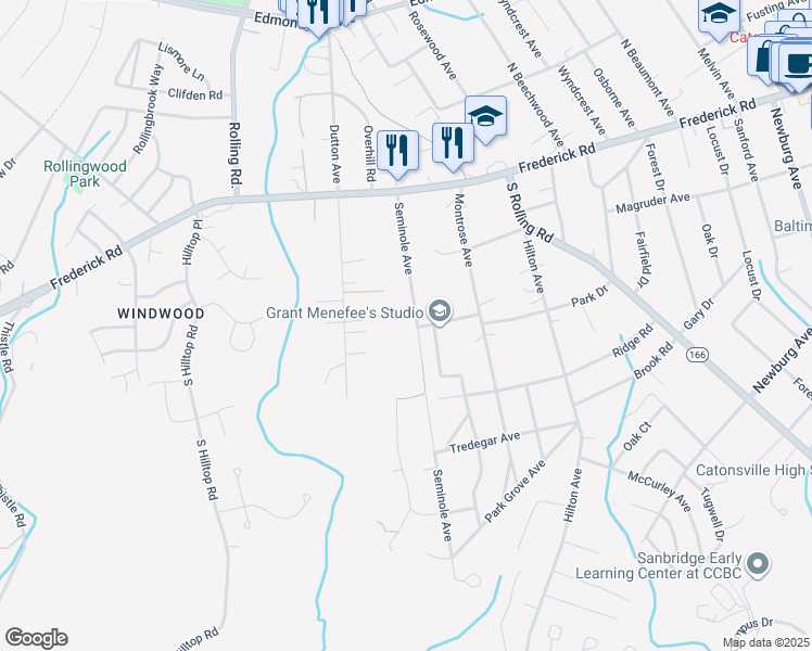map of restaurants, bars, coffee shops, grocery stores, and more near 26 Seminole Avenue in Catonsville