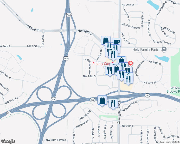 map of restaurants, bars, coffee shops, grocery stores, and more near 9406 North Baltimore Avenue in Kansas City