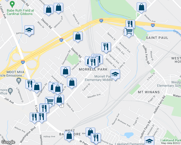 map of restaurants, bars, coffee shops, grocery stores, and more near Washington Blvd & Deering Ave in Baltimore
