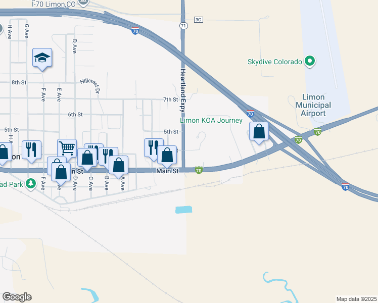 map of restaurants, bars, coffee shops, grocery stores, and more near 105 Smokey Trail Drive in Limon
