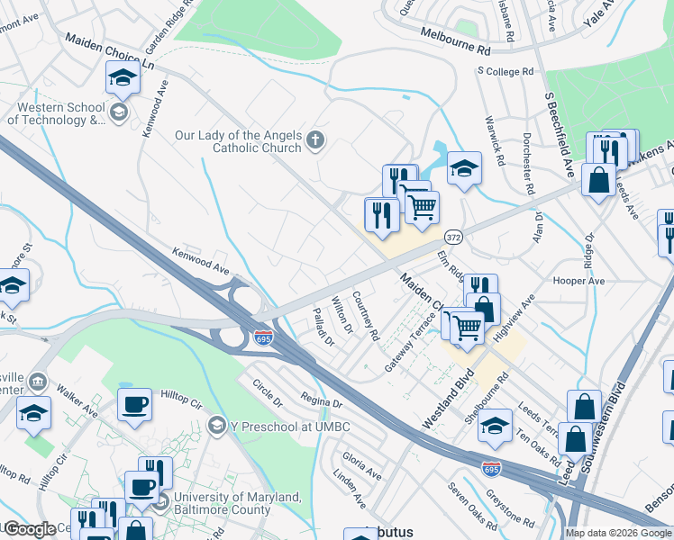 map of restaurants, bars, coffee shops, grocery stores, and more near 2 Twilling Gate Court in Catonsville