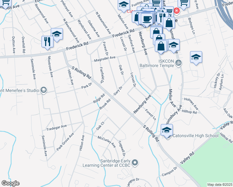 map of restaurants, bars, coffee shops, grocery stores, and more near 1213 Gary Dr in Catonsville