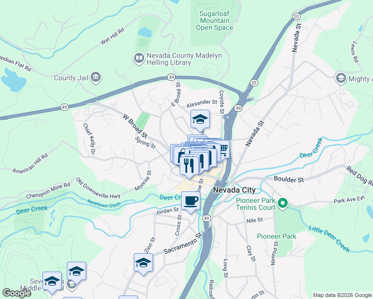map of restaurants, bars, coffee shops, grocery stores, and more near 418 Commercial Street in Nevada City