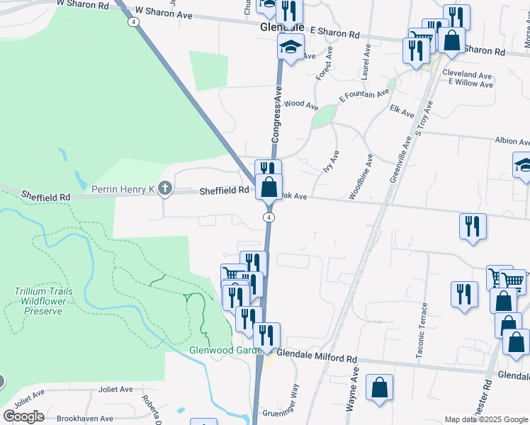 map of restaurants, bars, coffee shops, grocery stores, and more near 10655 Springfield Pike in Cincinnati
