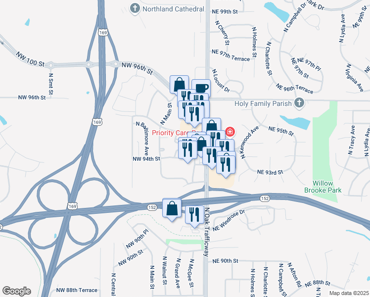 map of restaurants, bars, coffee shops, grocery stores, and more near 9400 North Oak Trafficway in Kansas City