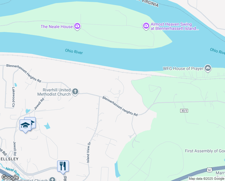 map of restaurants, bars, coffee shops, grocery stores, and more near 186 Pointe W in Parkersburg