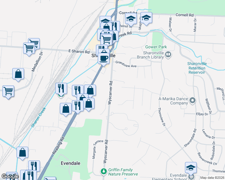 map of restaurants, bars, coffee shops, grocery stores, and more near 10815 Wyscarver Road in Cincinnati