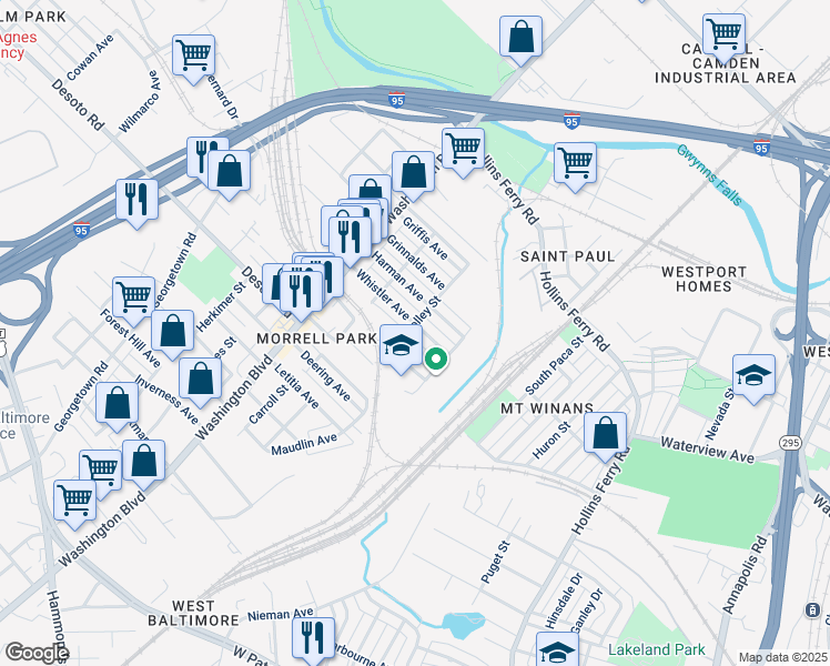 map of restaurants, bars, coffee shops, grocery stores, and more near 2104 Whistler Avenue in Baltimore