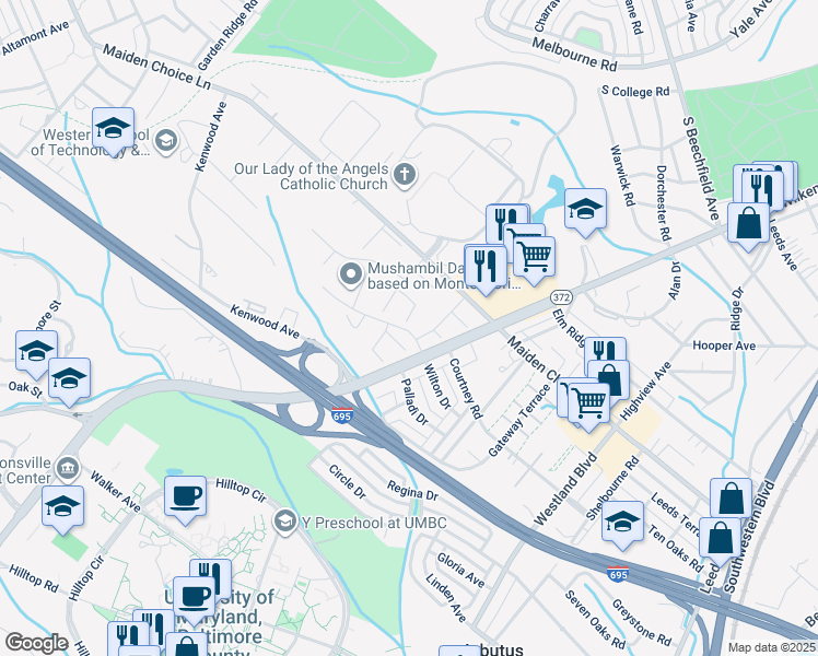 map of restaurants, bars, coffee shops, grocery stores, and more near 731 Wilton Farm Drive in Catonsville