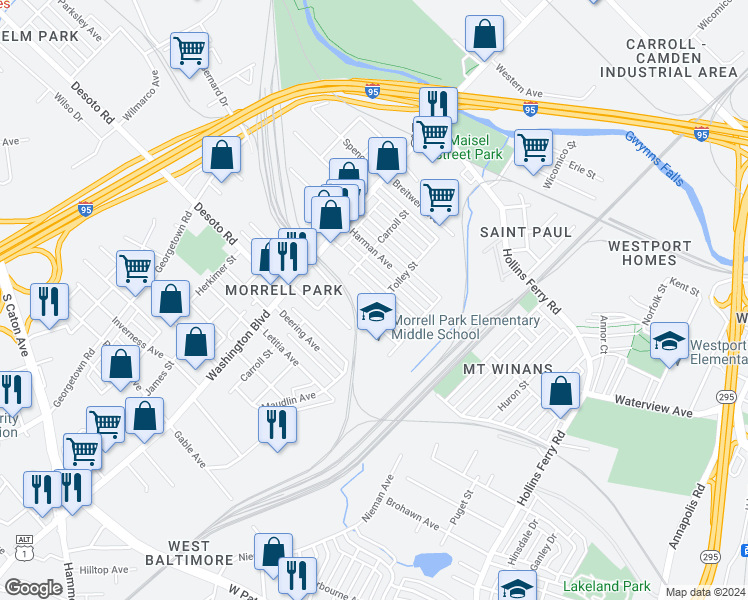 map of restaurants, bars, coffee shops, grocery stores, and more near 2524 Tolley Street in Baltimore